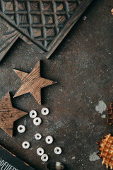 Food styling in flatley layouts, on wooden and concrete background with desserts and decor