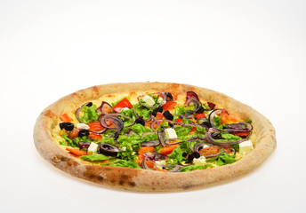 Pizza with tomatoes, feta cheese, salad and red onion