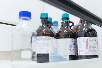 Chemicals used in experiments in the glass Cabinet at the lab