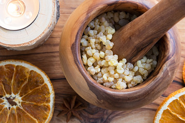Frankincense resin in a mortar, top view