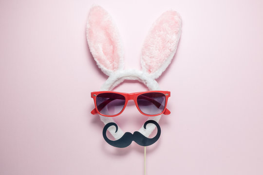 High Angle View Of Accessory Costume Bunny Ears, Sunglasses And Mustache Paper Props