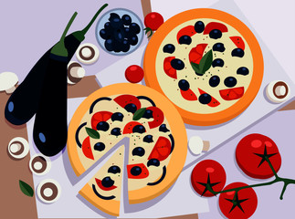 Vegan vegetarian Pizza and ingredients vector flat illustration. Set with tomato, olives, eggplants, oregano for website and advertising. Isolated on white background