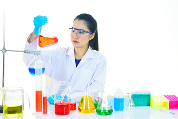 Asian female medical technologist working with chemical in research laboratory
