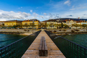 Autumn panorama of Neuchatel in Switzerland side view