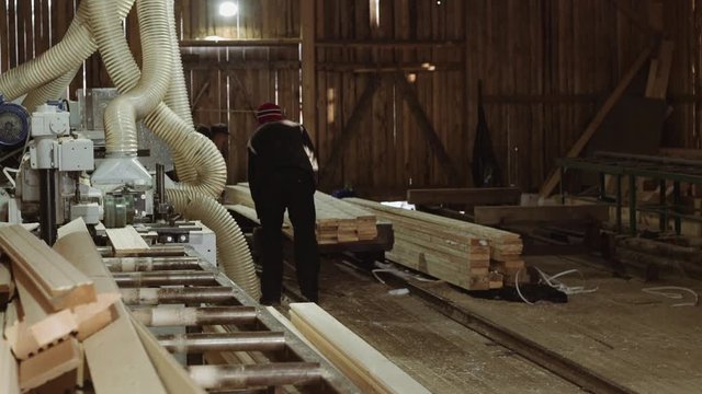Caucasian loaders in dirty clothes carry wood planks from jointer puts it in piles at sawmill