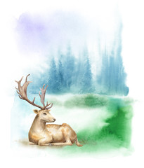 Watercolor forest landscape. The deer on the lawn. Template for posters and postcards.