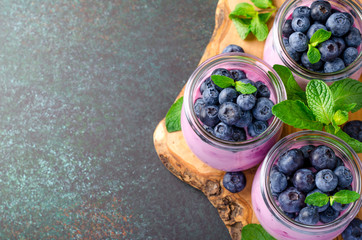 Blueberry yogurt with blueberries and mint