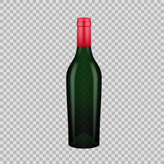 Realistic template of empty glass wine bottle with screw cap.