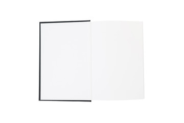 Open black hardcover book with blank white pages isolated on white background.