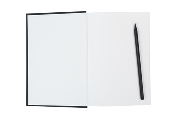 Open hardcover book with white blank pages and black pencil on white background