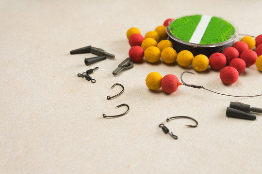Baits, hooks , ledcor, prepare tackle tackle for carp fishing. Copy paste
