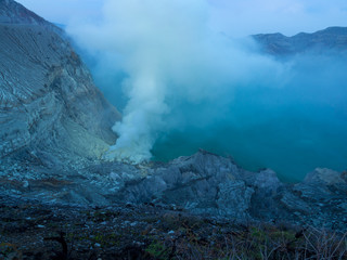 The sulfuric lake of Kawah Ijen vulcano in East Java, Indonesia. November, 2017
