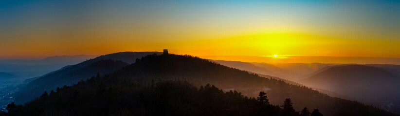 Wide panoramic view of sunset in Vosges mountains, Alsace