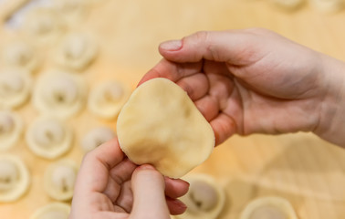 Female hands mold dumplings