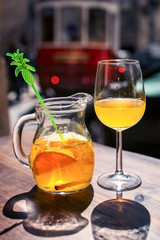 Glass and jug of sangria at outdoor cafe in Lisbon, Portugal