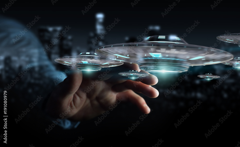 Poster businessman with retro ufo spaceship 3d rendering