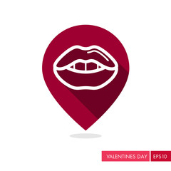 Woman lips pin map icon. Female mouth with teeth