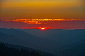 Fototapeta premium Sunset in Vosges mountains colorful view, Alsace