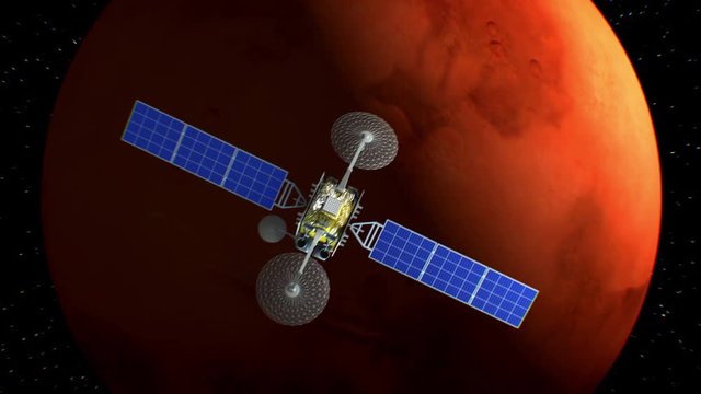 Mars on background, fictional observation satellite flies past, 3d animation. Texture of the Planet was created in the graphic editor without photos and other images.