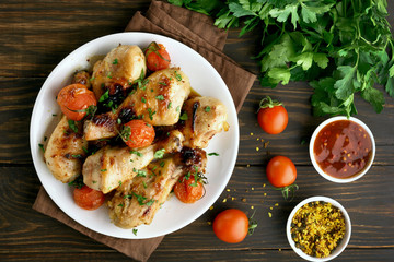 Grilled chicken drumstick and roasted tomatoes