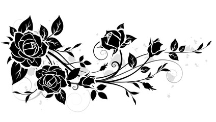 Decorative ornament with rose and leaves silhouette. Vector floral pattern - obrazy, fototapety, plakaty