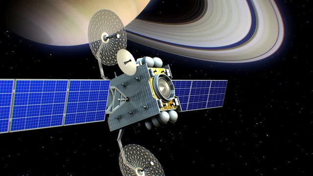 Fictional artificial satellite in Saturn orbit, 3d animation. Texture of the Planet was created in the graphic editor.