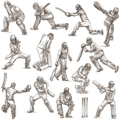 Cricket sport collection. Cricketers. Full sized hand drawings on white background. Isolated.