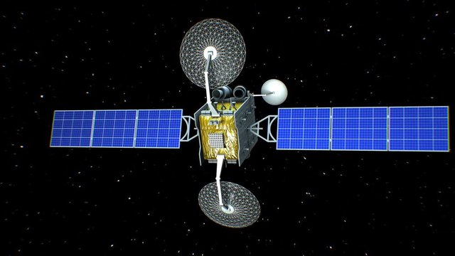Fictional artificial satellite rotates on stars background, seamless loop, 3d animation