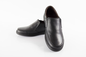 Male black leather elegant shoe on white background, isolated product, comfortable footwear.
