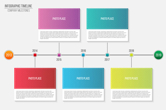 Creative vector illustration of infographic company milestones timeline template isolated on transparent background. Photo placeholders. Art design. Abstract concept process diagram, graphic element