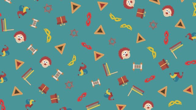 Purim holiday flat design animation background with traditional symbols