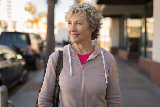 Mature Caucasian Woman Walking Smile Face