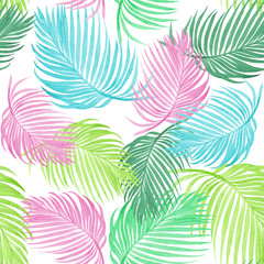 Fototapeta na wymiar Watercolor painting colorful coconut,palm leaf,green leave seamless pattern background.Watercolor hand drawn illustration tropical exotic leaf prints for wallpaper,textile Hawaii aloha jungle style.