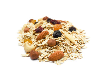 Mix nuts, raisins and oatmeal isolated on white background