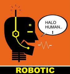 talking robot, robot head icon in flat with the bulb.