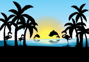 Silhouette scene with dolphin and flamingo at sunset