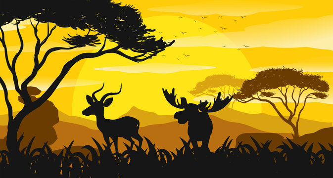 Silhouette scene with gazelle and moose at sunset