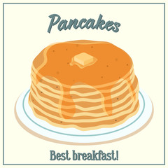 Vector illustration of a pile of pancakes. Baking with honey and butter on a plate. Breakfast concept.