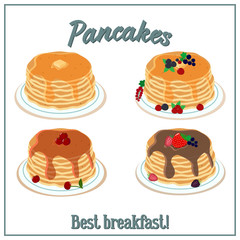 Vector illustration of a pile of pancakes. Baking with honey, chocolate, berries on a plate. Breakfast concept.