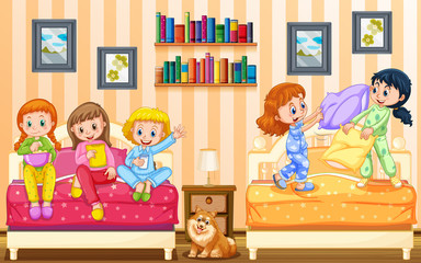 Five girls playing in bedroom