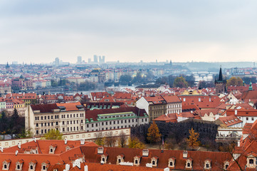Fototapeta na wymiar Cityscape of Prague city from hill, beautiful view of red roofs, Czech Republic