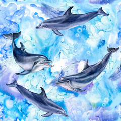 Sea blue seamless pattern with dolphins. Illustration. Watercolor. Template. Clipart. Sea life