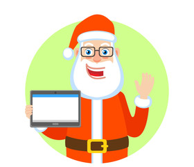 Santa Claus holding tablet PC and raised a hand in greeting. Portrait of Cartoon Santa Claus Character. Vector illustration in a flat style.