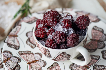 BlackBerry in a Cup covered with crushed ice. Light and healthy snack, Breakfast and dessert