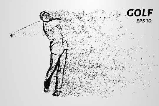 Golf of particles. Male Golf player teeing off Golf ball