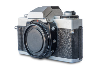 Old vintage black and silver camera on white background, isolated