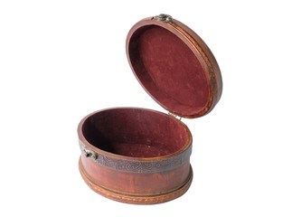 A vintage opened wooden dusty jewelery box on a white background, isolated