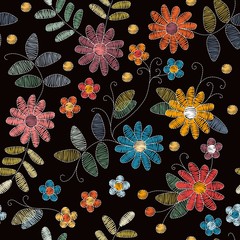 Embroidery seamless pattern. Beautiful summer flowers and leaves on black background. Vector illustration. Fashion design.