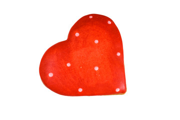 Heart shaped gingerbread cookie for Valentine day isolated on a white background. Top view