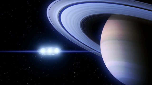 Spaceship flies past Saturn and shining lights of engines, 3d animation. Texture of the Planet was created in the graphic editor without photos and other images.